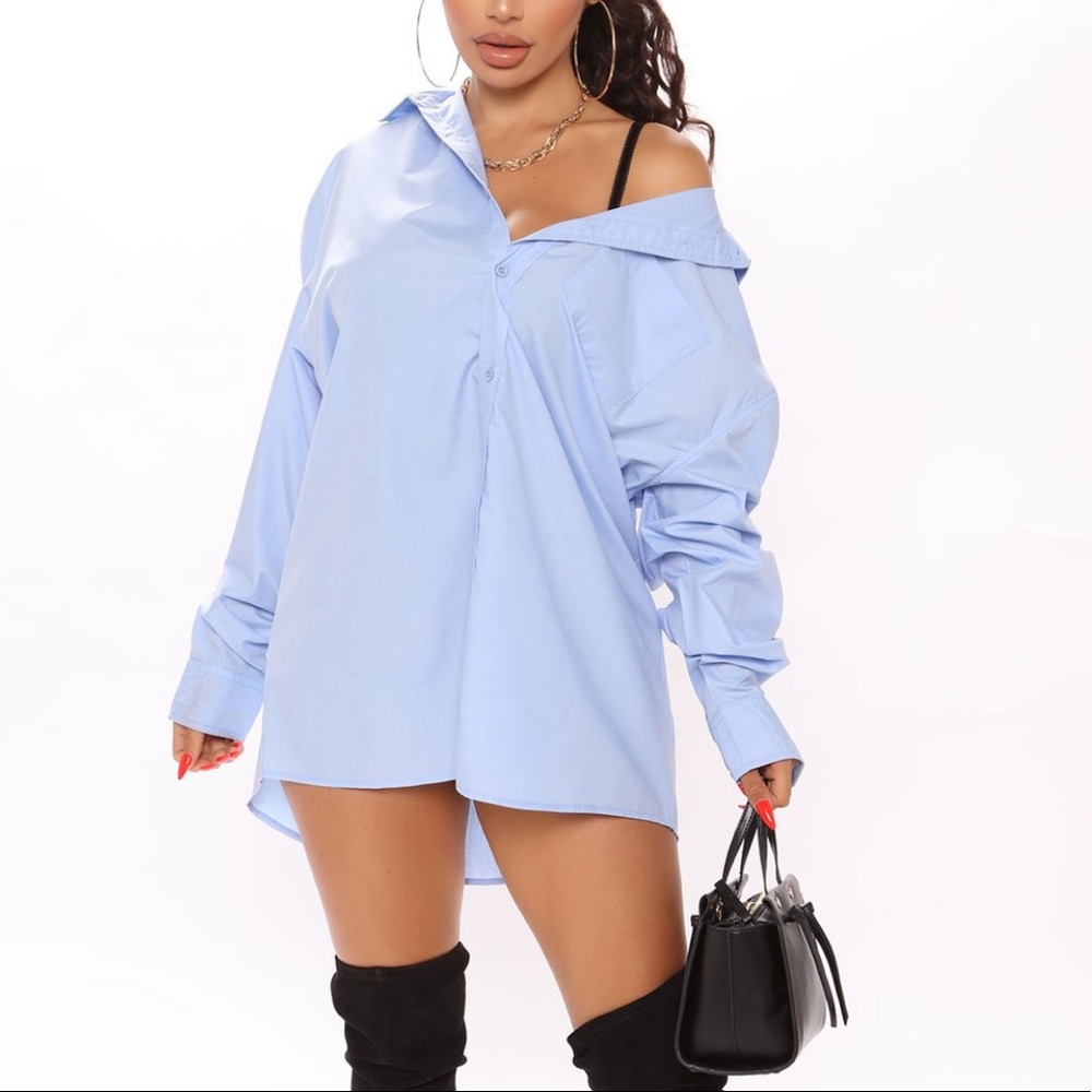 Fashion Nova Blue Long Sleeve Shirt Dress